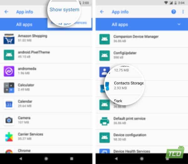 Solucionar el problema de sincronización de contactos en Android Oreo - Mostrar aplicaciones del sistema