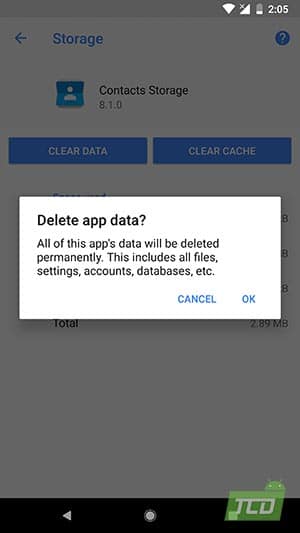 Solucionar el problema de sincronización de contactos en Android Oreo - Borrar datos de almacenamiento de contactos