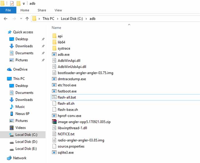 Instale Android 8.1 Oreo Developer Preview - Archivos de imagen del sistema en C: / adb