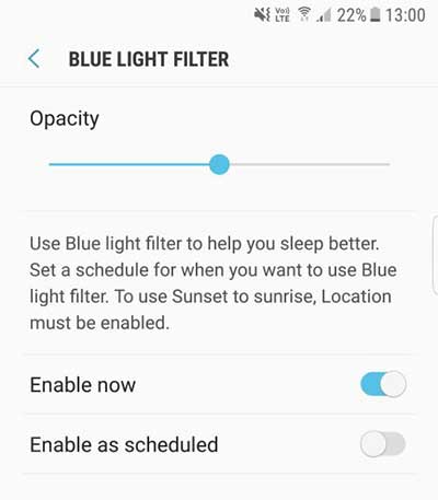 Use el filtro de luz azul en Galaxy Note 8 - Configuración de pantalla - Configuración del filtro de luz azul