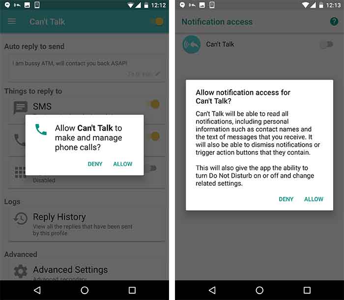Mensajes de respuesta automática en WhatsApp y otras aplicaciones - Captura de pantalla 2 de la aplicación Can't Talk