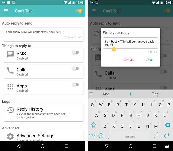Mensajes de respuesta automática en WhatsApp y otras aplicaciones - Captura de pantalla 1 de la aplicación Can't Talk