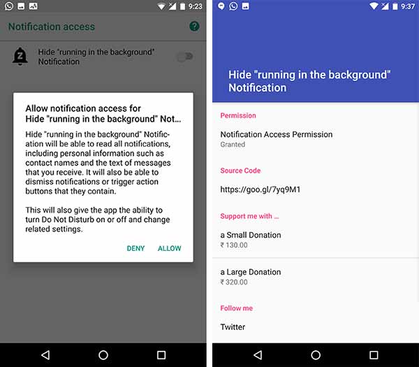 Ocultar notificaciones persistentes en Android Oreo usando la aplicación de notificación Ocultar "que se ejecuta en segundo plano"