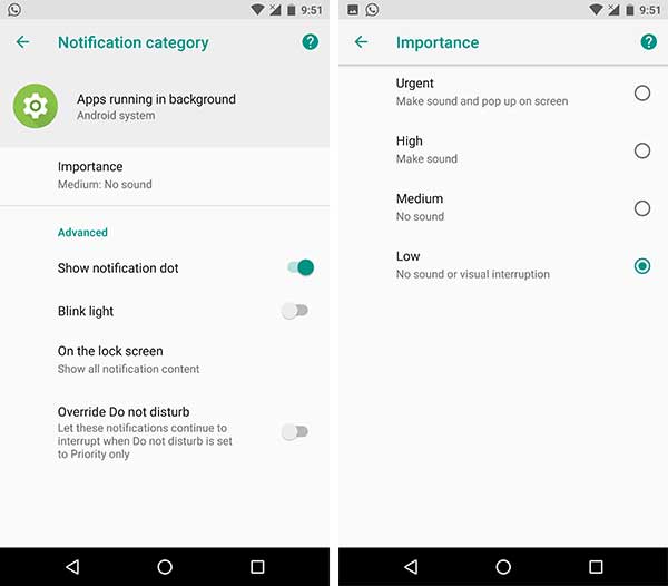 Ocultar la notificación persistente en Android Oreo a través de la importancia de la notificación tan baja
