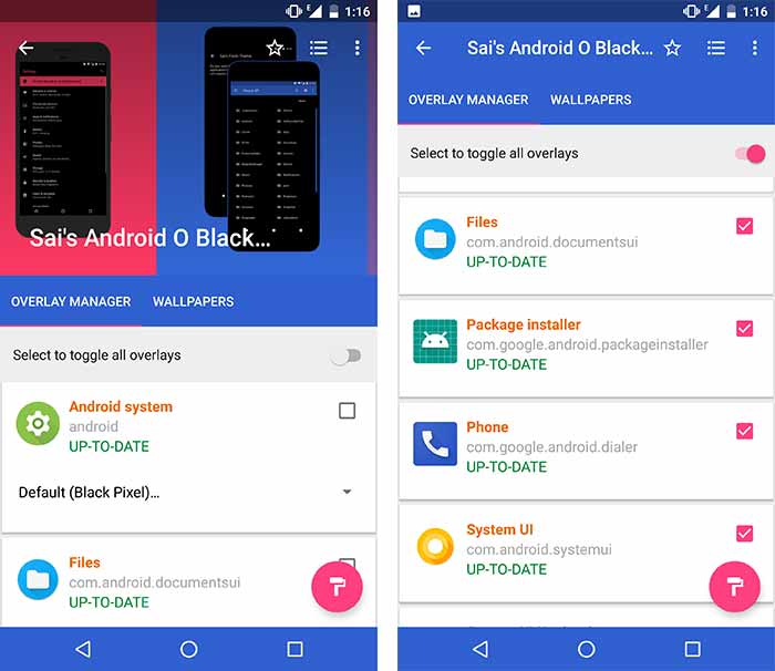 Instale temas personalizados en Android Oreo sin raíz: selección de superposiciones en el sustrato