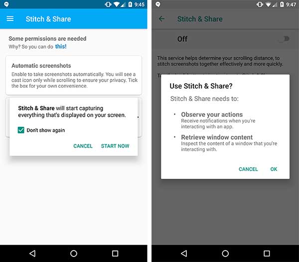 Tome capturas de pantalla con desplazamiento en Android: otorgue permisos a la aplicación Snitch & Share