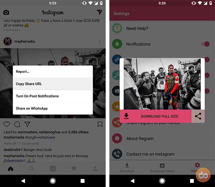 Guardar fotos de Instagram usando la aplicación Regram para Android