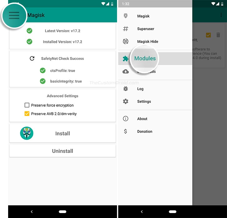 Instale ViPER4Android en Android Nougat: vaya a Módulos en Magisk Manager
