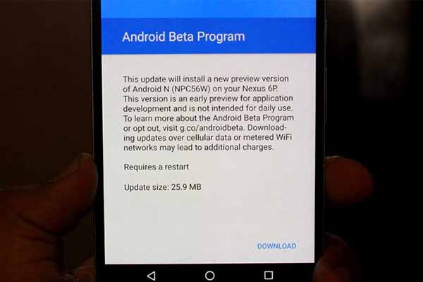 Notificación de actualización de vista previa para desarrolladores de Android N