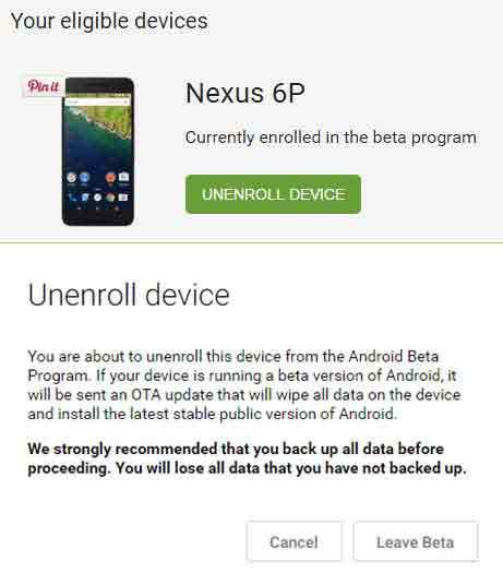 Volver de Android N Developer Preview Anular registro del dispositivo