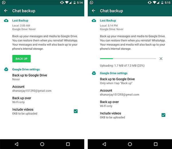 Copia de seguridad de los mensajes de WhatsApp en la captura de pantalla de Google Drive