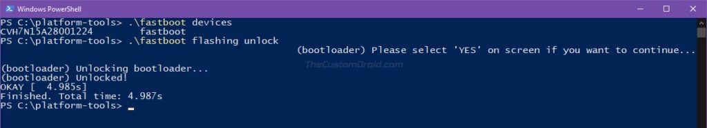 Ingrese el comando 'fastboot flashing unlock' para desbloquear el cargador de arranque LG Nexus 5X