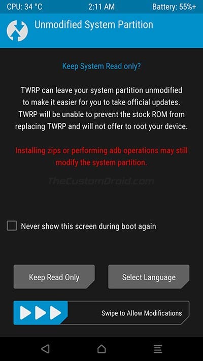 Aviso de partición del sistema sin modificar de Nexus 5X en TWRP