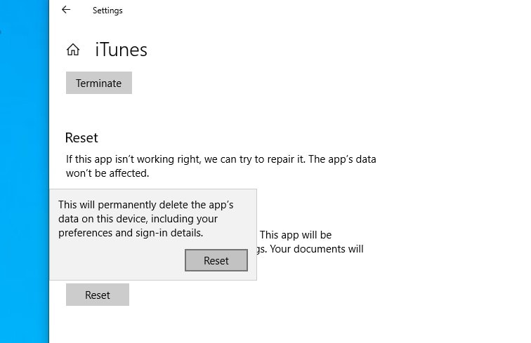 Restablecer la aplicación iTunes de Windows 10