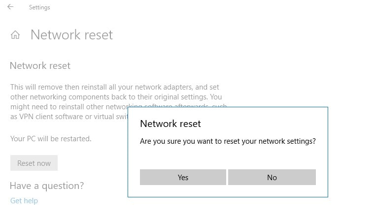 Windows 10 Network Reset option