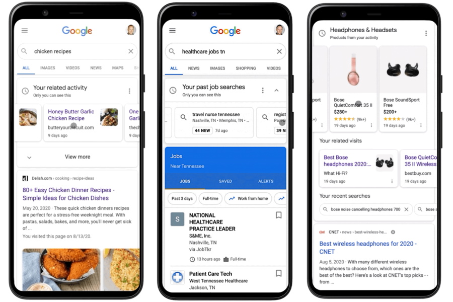 Google actualiza la tarjeta de actividades para centrarse en trabajos, recetas y compras en línea