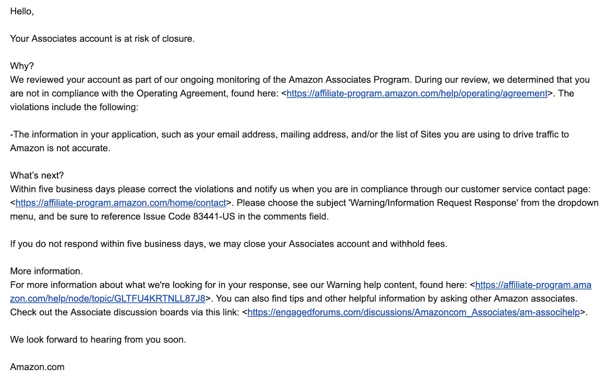 Amazon envió un correo electrónico: "Su cuenta de Asociados está en riesgo de cierre".  ¿Cómo evitar ser suspendido?