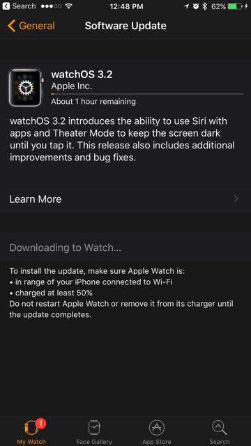 pantalla de iPhone de actualización de software apple watchOS 3.2
