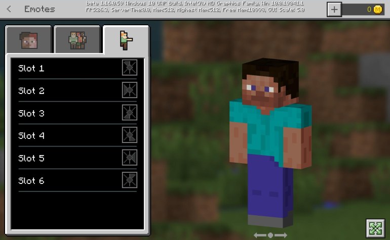Captura de pantalla de Minecraft que muestra la lista de emotes