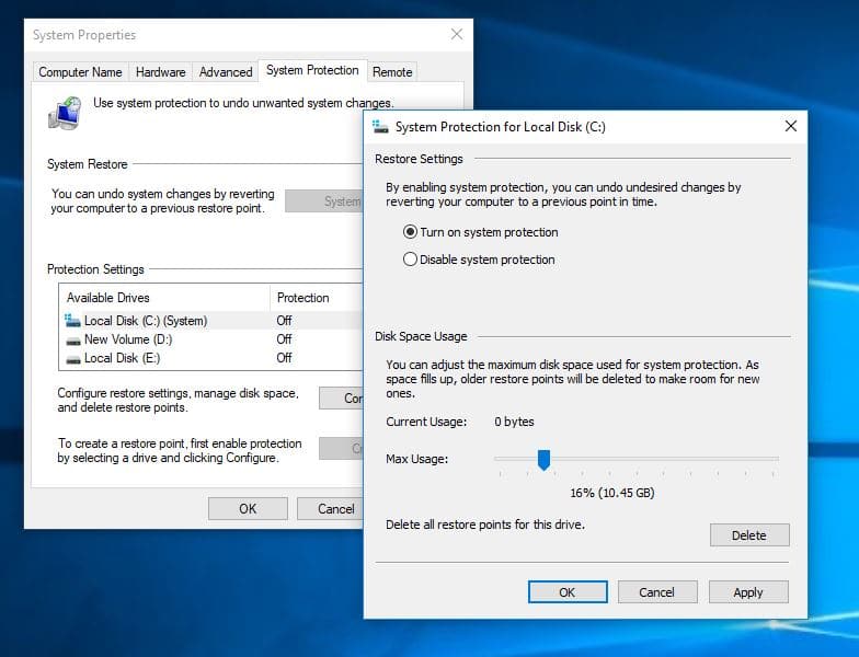 habilitar la restauración del sistema en Windows 10