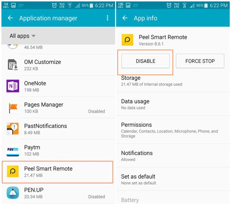 Cómo deshabilitar o desinstalar la aplicación Peel Remote de su Samsung, HTC u otros dispositivos Android