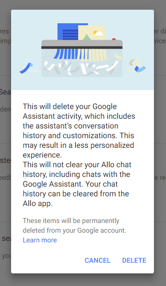 Confirmación de eliminación de actividad del Asistente de Google