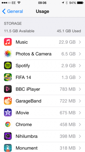 iOS 7-opslaggebruik