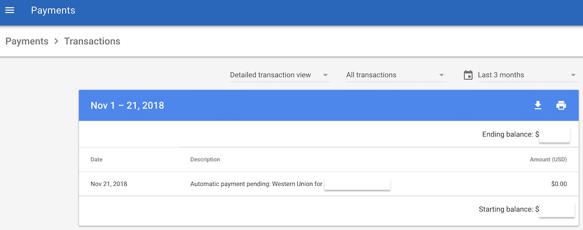 Google Adsense - Pago automático pendiente: Western Union por $ x, xxx
