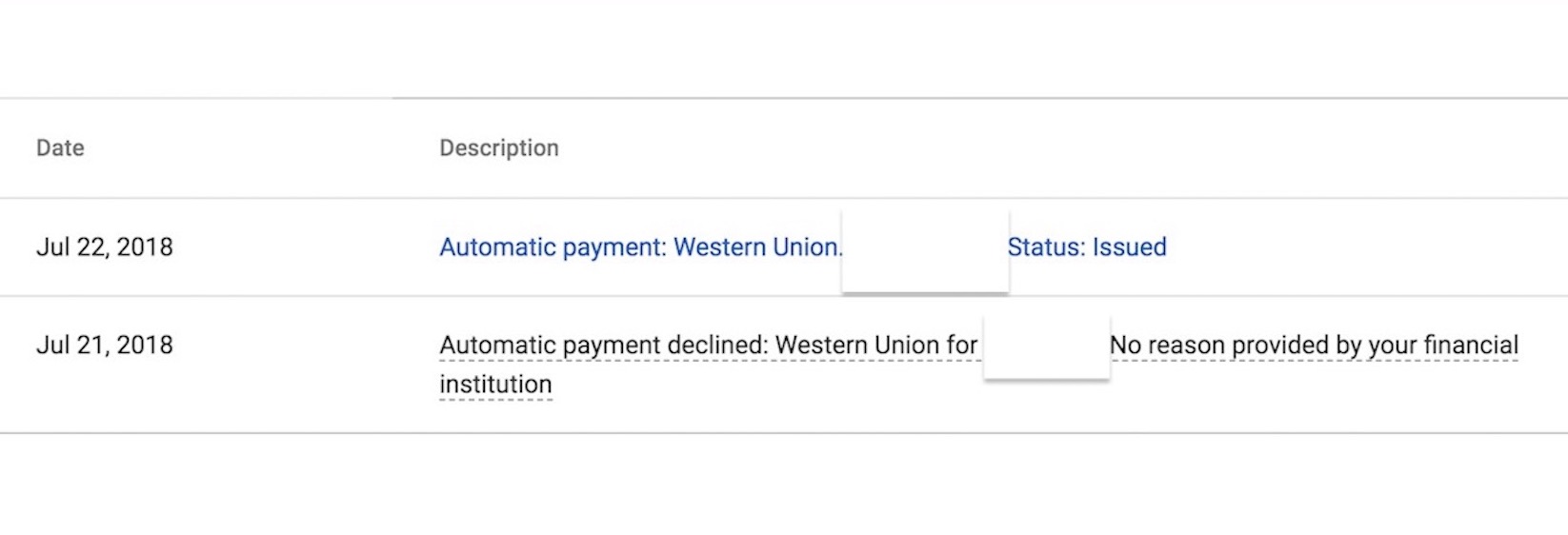 Google Adsense: pago automático rechazado por Western Union.  Sin motivo proporcionado por su institución financiera