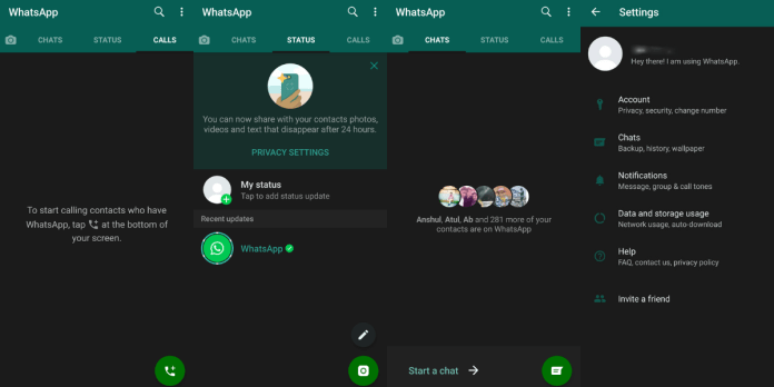 Captura de pantalla de Whatsapp que muestra el modo oscuro en Android Q