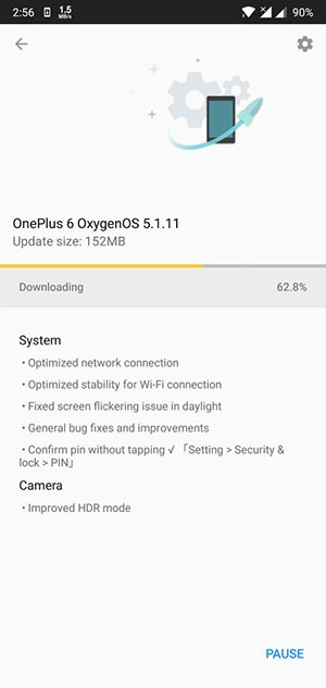 Actualización de OnePlus 6 OxygenOS 5.1.11 - Captura de pantalla OTA