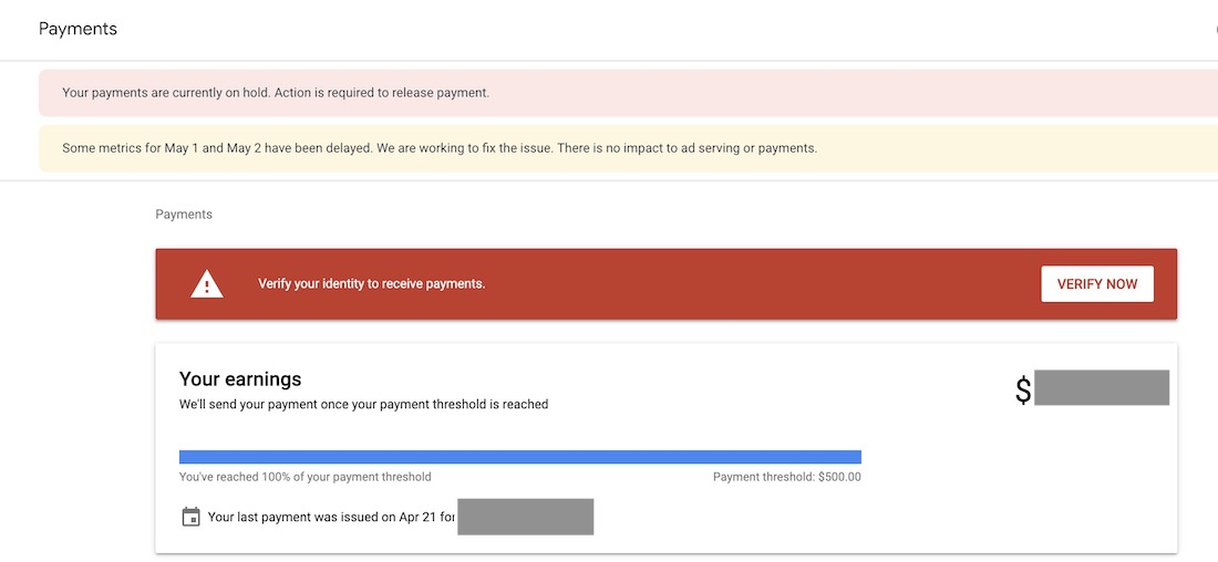 Pago de Google Adsense en espera: verifique su identidad para recibir pagos