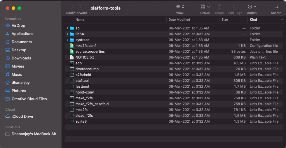 Carpeta Platform-Tools que contiene los binarios ADB y Fastboot en una computadora macOS / Linux