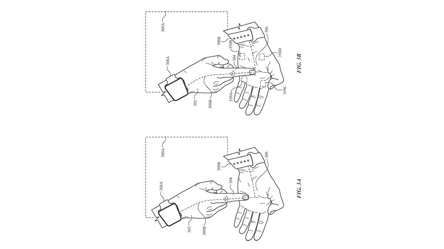 De wijsvinger van de hand met de Apple Watch maakt contact met de huid van de andere hand om een ​​gebaar te simuleren.
