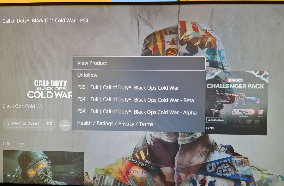 Captura de pantalla de error de descarga de Call of Duty Black Ops Cold War PS5
