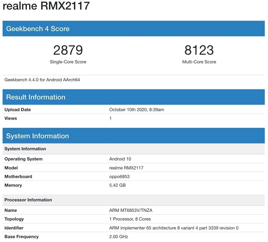Realme Q2-serie (RMX2117) Geekbench