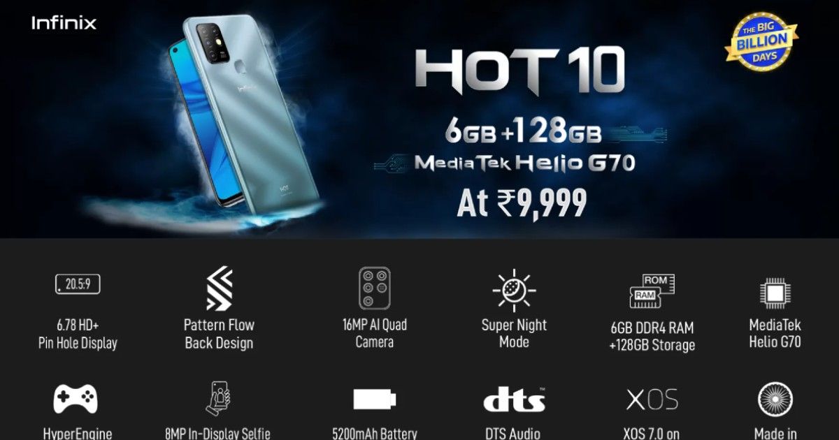 Infinix Hot 10 con batería de 5200 mAh, 128 GB de almacenamiento, SoC Helio G70 ...