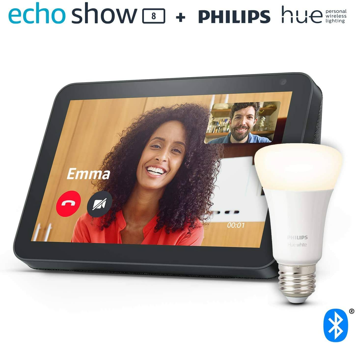 Echo Show 8, Antraciet Stof + Philips Hue White Connected Bulb