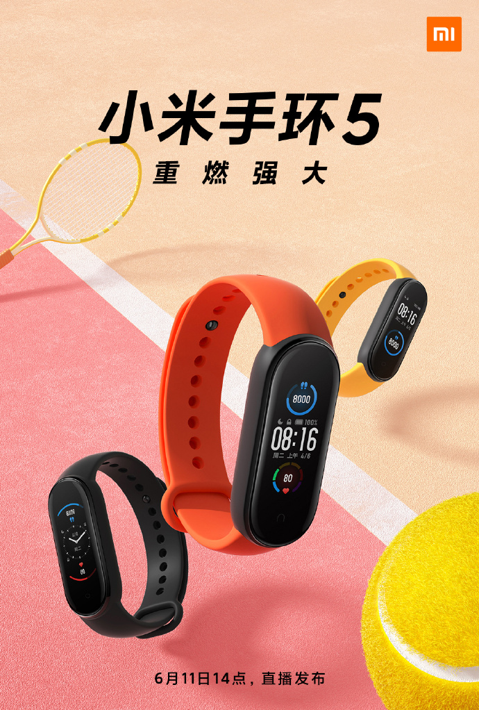 De Mi Band 5 fitnesstracker verscheen in nieuwe kleuren op de poster
