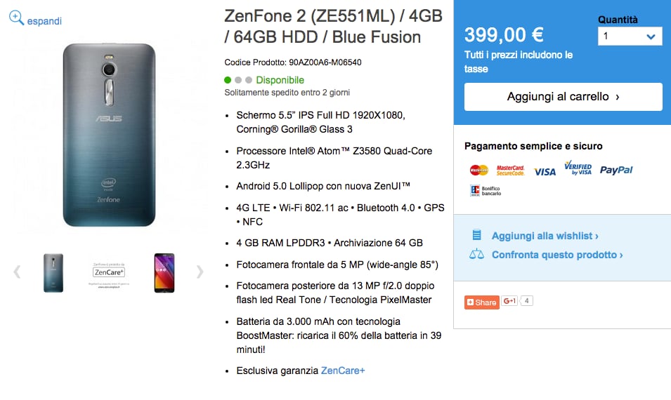 Disponibile sull'e-shop di ASUS lo ZenFone 2 4GB/64GB Blue Fusion