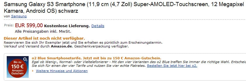 Il Galaxy S III è già su Amazon.de: 4,7'' Super AMOLED con fotocamera a 12 megapixel a 599€