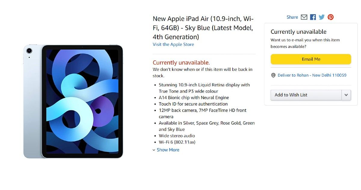 Listado de Amazon Apple iPad Air 2020