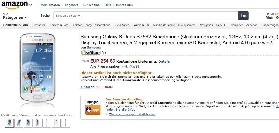 Galaxy S Duos: su Amazon Germania a 255€