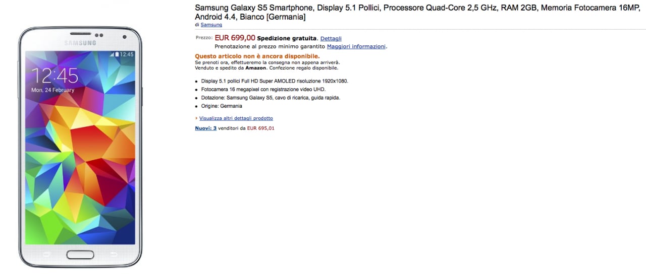 Galaxy S5 in pre-ordine a 699€ su Amazon.it (importato dalla Germania)