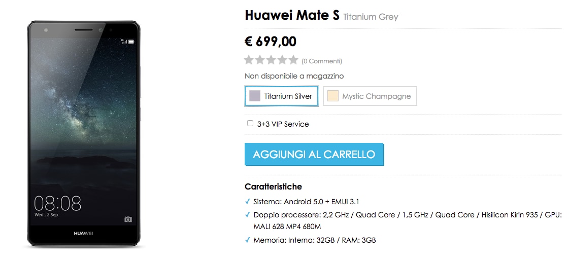 Huawei Mate S rincara a 699€ sullo store ufficiale vMall