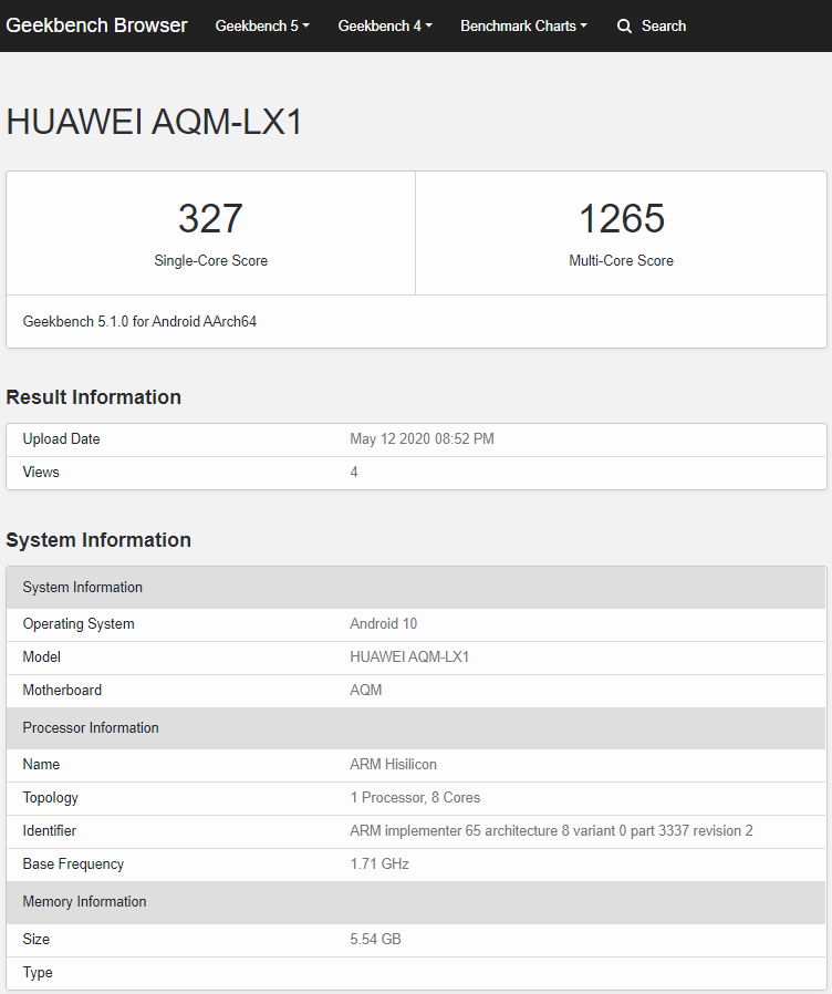 Listado de Huawei P Smart S (AQM-LX1) en Geekbench