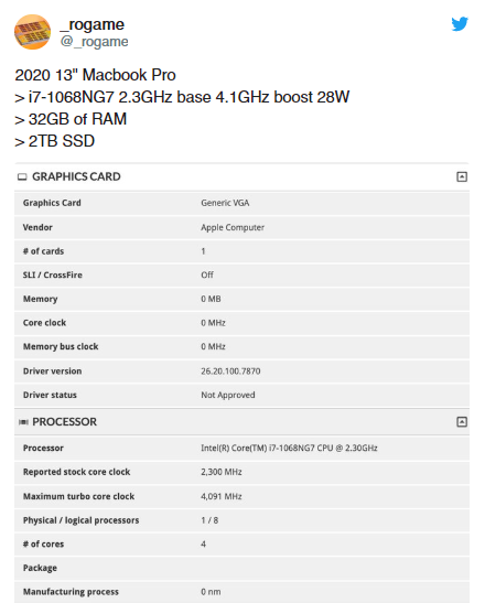 Nueva MacBook Pro de 13 '' para obtener procesadores Intel Ice Lake de décima generación