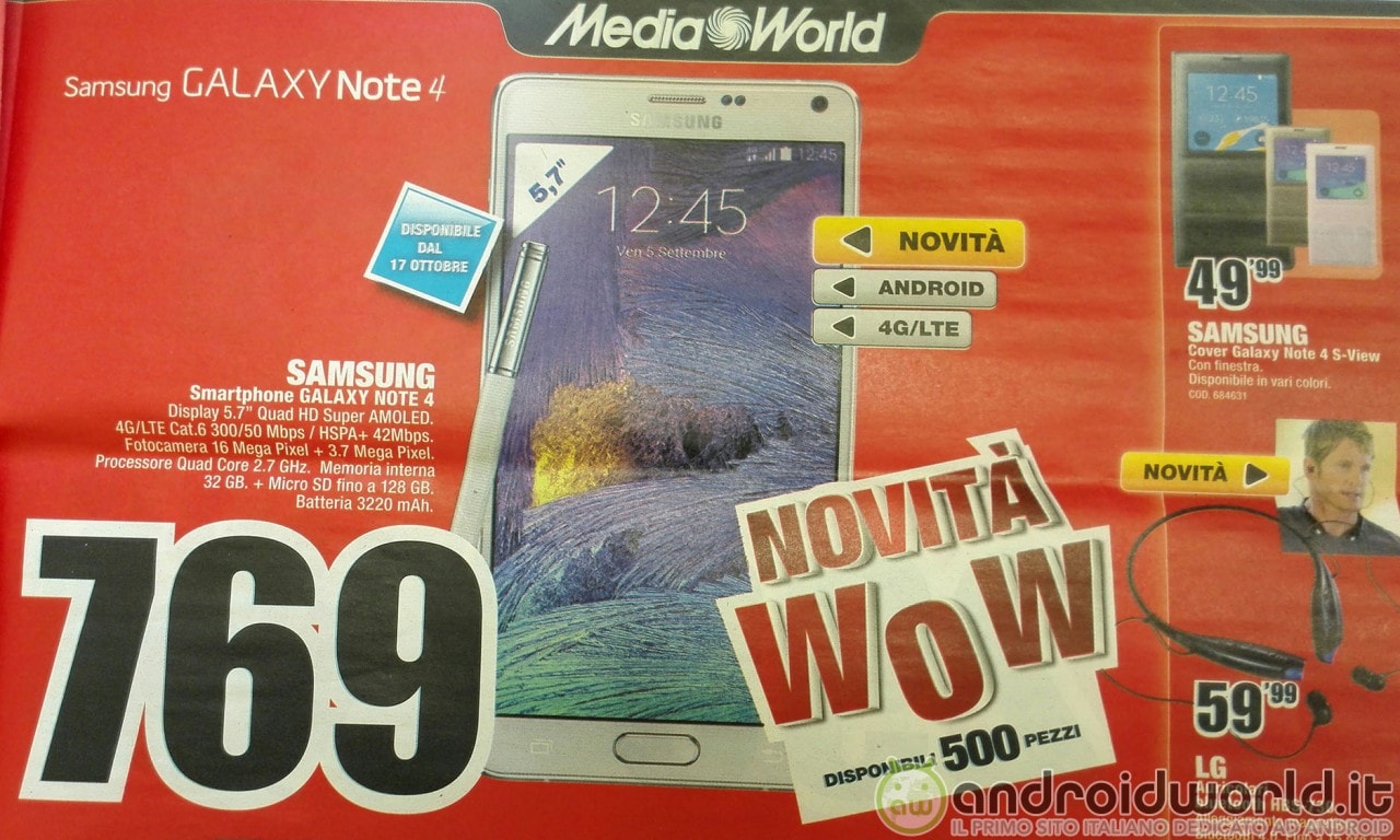 MediaWorld pronta al lancio di Galaxy Note 4 il 17 ottobre, ma con pochissime scorte