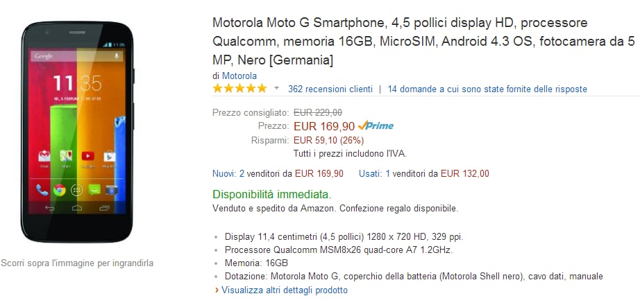 Motorola Moto G &quot;vecchia generazione&quot; da 16 GB in offerta a 169,99€ su Amazon.it
