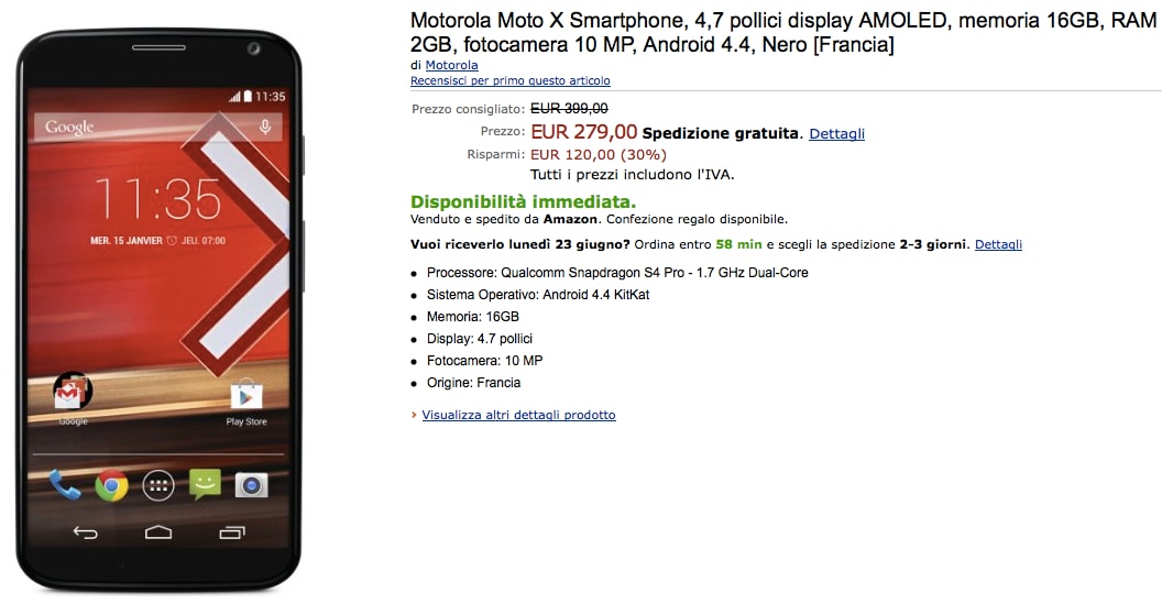 Motorola Moto X da 16 GB a 279 su Amazon.it